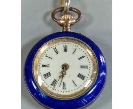 Pretty continental silver and enamel ladies' pendant keyless fob watch with silver enamelled bow suspension. (B.P. 21% + VAT)