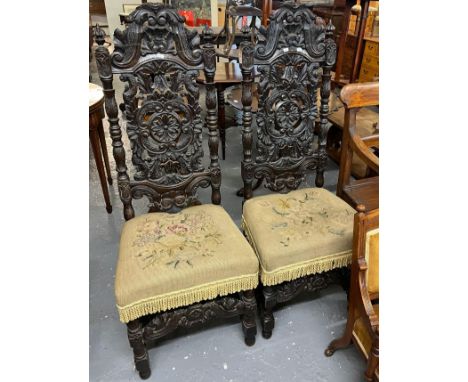 Pair of Victorian stained oak Carolean style high backed side chairs with tapestry seats. (2) (B.P. 21% + VAT)