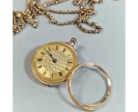 9ct gold fancy engine turned open faced keyless fob watch with Roman numerals, together with a long gold plated fancy guard t