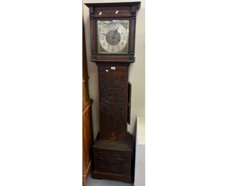 20th century oak cased three train grandmother clock striking on gongs with Llanelli armorial carved into the trunk and Welsh