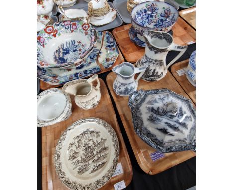 Four trays of 19th century Welsh pottery to include: 'Aberdare' pattern Gaudy Welsh pedestal bowl, 'Amherst Japan' basin, 'Wh