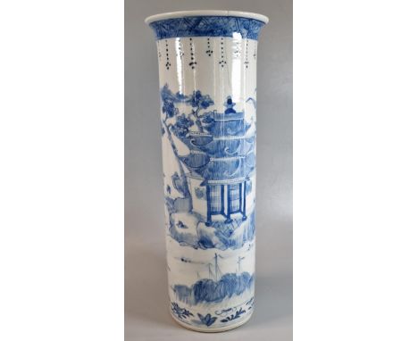 19th century Chinese export porcelain blue and white sleeve vase decorated with figures on a bridge, fisherman and pavilion, 