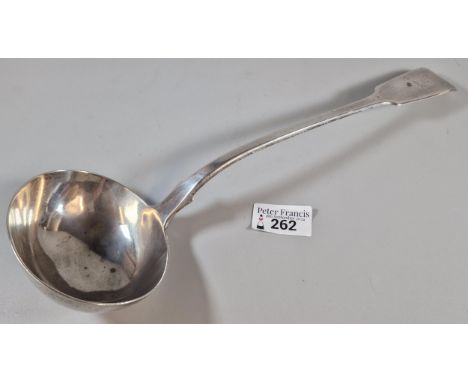 19th century silver ladle with engraved crest of a dog, indistinct London hallmarks. 8.3 troy oz approx. (B.P. 21% + VAT)