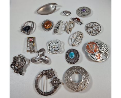 Collection of brooches, various to include: Mackintosh designs, Arts and Crafts style, silver Modernist including Danish, Cel