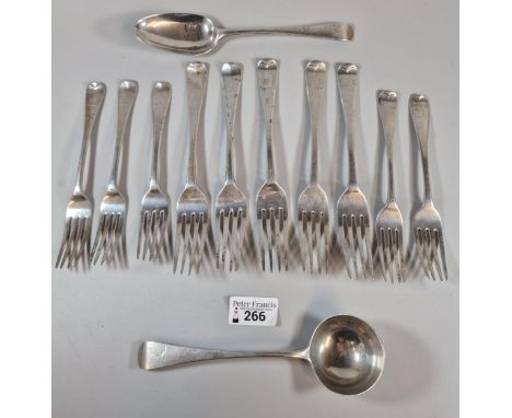 Collection of mainly 19th century silver flatware to include: spoons, forks and a ladle, each having engraved crests. Total w