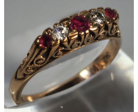 9ct gold and ruby five stone ring. 2.6g approx. Size M. (B.P. 21% + VAT)