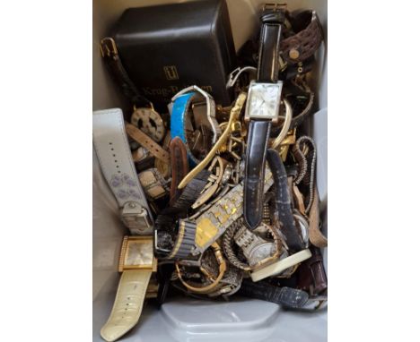 Plastic box comprising a large collection of modern dress watches including: Krug-Baumen, Rotary etc. (B.P. 21% + VAT)