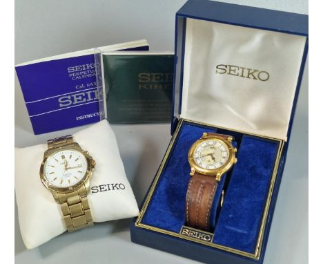 Two Seiko wristwatches to include: Seiko gold plated perpetual calendar gentleman's wristwatch with cream face having Baton n