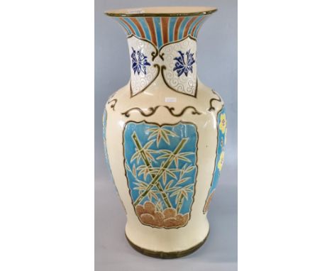 Modern ceramic beige ground floor vase in Chinese style with turquoise panels of bamboo and flowers. (B.P. 21% + VAT)