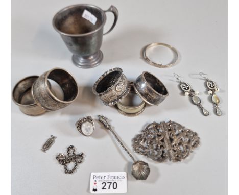 Collection of silver, silver plate and other items to include: baby's bangle, moonstone dress ring, nurse's belt buckle, chri