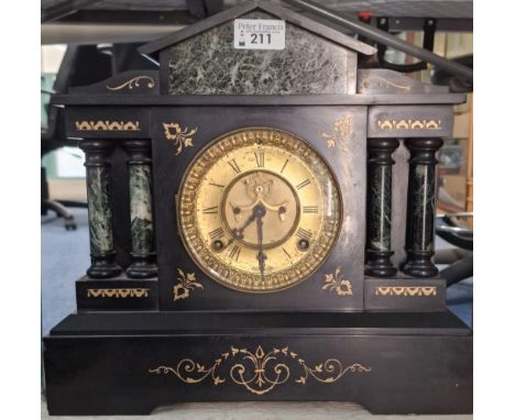 Late Victorian black slate two train architectural mantel clock. (B.P. 21% + VAT)&nbsp;No key - included pendulum, externally