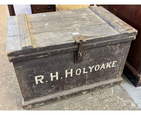 Stained pine artisans trunk/box with name R H Holyoake. 74cm wide approx. (B.P. 21% + VAT)