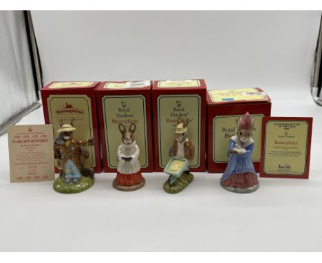 Four Boxed Royal Doulton Bunnykins Figurines to include Scarecrow Bunnykins, Gardener Bunnykins, Choir Singer Bunnykins, Sund