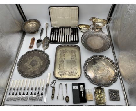 Collection of Silver Plated / EPNS items to include Mappin &amp; Webb Mother Of Pearl Cutlery Set, Mappin % Webb Fruit Basket