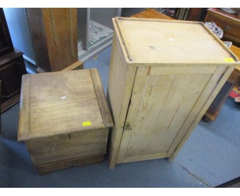 An early 20th century pine single door cabinet having three fitted shelves, together with an early 20th century commode 