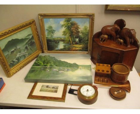 Pictures and treen to include Rich-an Estuary scene with boats, oil on canvas, a walnut corner cabinet, model elephants, an a