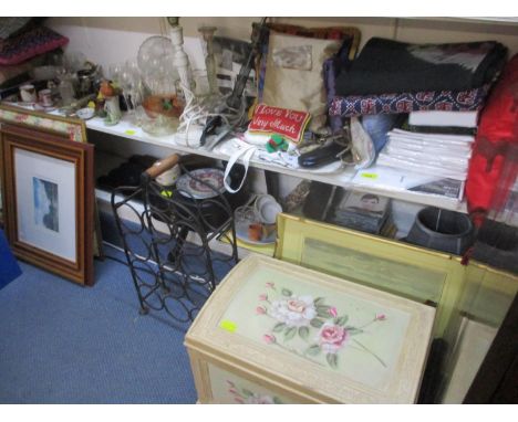 Mixed home furnishings to include bedding, cushions, household items, a painted trunk, theatre posters and other items 