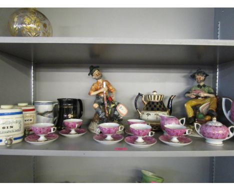 Ceramics to include Capodimonte figures, a Japanese coffee set, a Victorian teapot and stand, an elephant seat and other item