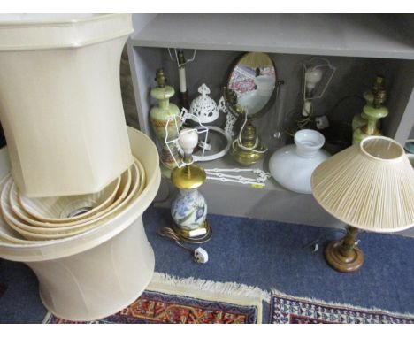 A painted enamelled and converted ceiling lamp, a modern dressing table mirror, a Victorian brass cooking pot and mixed table