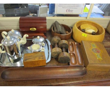 A Heatmaster teaset on a tray, teapot, hot-water jug, milk jug, sugar, together with a collection of treen items including bo