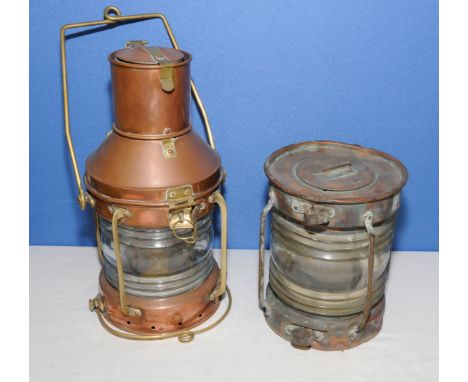 Copper ships style hanging paraffin lantern and another copper ship lamp shade with ribbed glass central column shade (2)