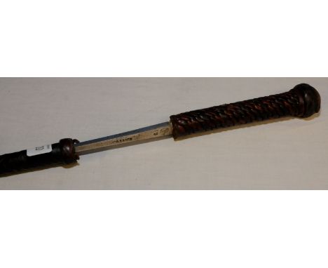 Brown leather riding crop sword stick 17 inch square tapering blade stamped 5 France and various other stamps