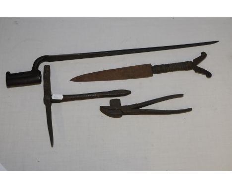 Triangular form socket bayonet, a tribal style double edged dagger with string work handle and two vintage tools