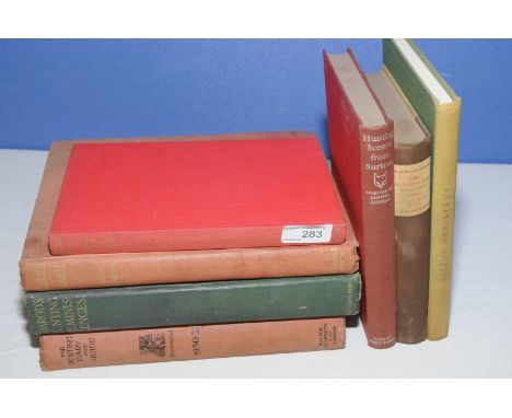 Seven fox hunting related books including 'Hunting by Ear', 'Scattered Scarlet', 'Nimrods Hunting Reminiscences', 'Hunting Di
