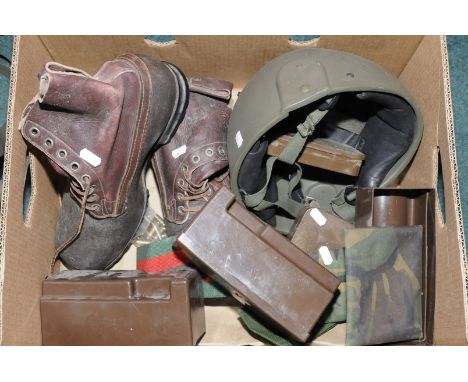 Selection of military surplus items including Combat 95 Mark 5 helmet, stable belt, boots etc 