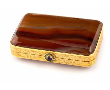   Zigarettenetui aus Gold und Achat 20. Jahrhundert 2,4x8,5x6 cm Rechteckiges Etui, Deckel und Boden aus bräunlich-weißem Ach