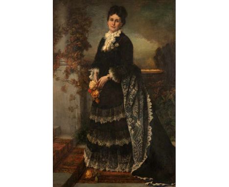   Preyer, Ernest Manchester 1842 - Düsseldorf 1917 207 x 136 cm Portrait der Adele Preyer als Ganzfigur in dunklem Kleid mit 