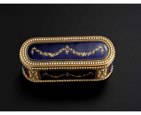   Feine Gold-Emaille-Doppel-Tabatiere Schweiz, wohl Ende 18. Jahrhundert 4x8,5x5,2 cm Ovaler, 18kt Gelbgold-Korpus mit zwei D