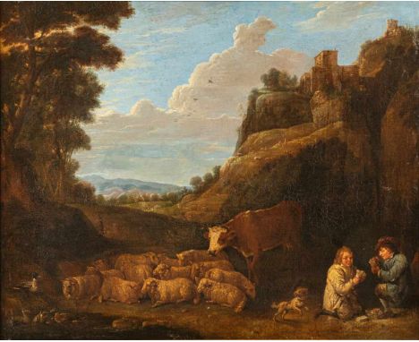   Flämische Schule 17. Jahrhundert 106 x 88 cm Bergige Landschaft mit Schafherde und kartenspielenden Hirten. Öl/Lwd., doubl.