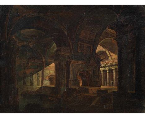   Palagi, Pelagio (attr.) Bologna 1775 - Turin 1860 65 x 50 cm Capriccio mit antiker Architektur. Öl/Lwd. Die Bühnenbildartig