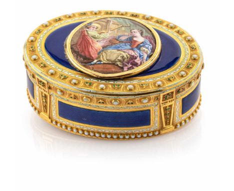   Gold-Emaille-Tabatiere Wohl Schweiz, 18./19. Jahrhundert 2,5x6,5x4,5 cm Ovaler Korpus mit zylindrischer Wandung und Klappde