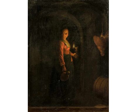  Schalcken, Godfried (Nachfolger) Made 1643 - Den Haag 1706 31 x 23 cm Junge Magd mit Öllampe im Vorratskeller. Öl/Holz. Pub