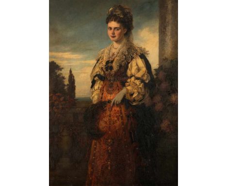   Preyer, Ernest Mancheser 1842 - Düsseldorf 1917 167 x 116 cm Portrait der Ehefrau Agnes Preyer in historischem Kostüm an ei