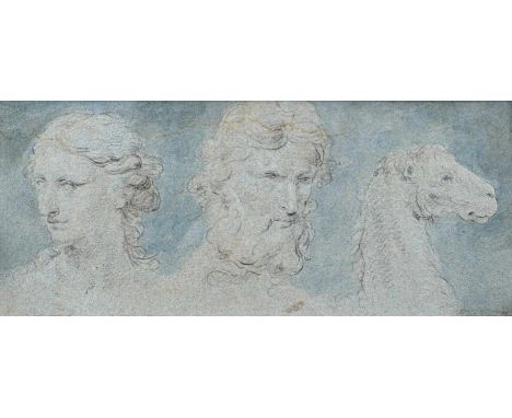   Italienische (?) Schule Um 1800 16,5 x 38 cm, R. Zwei Kopfstudien sowie Studie eines Kamels. Bleistift, blau laviert/getönt