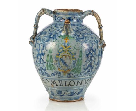   Apothekergefäss mit bischöflichem Wappen Rom/Lazium, datiert 1637 H. 36,5 cm Balusterform, am Ansatz gerollte Doppelhenkel.