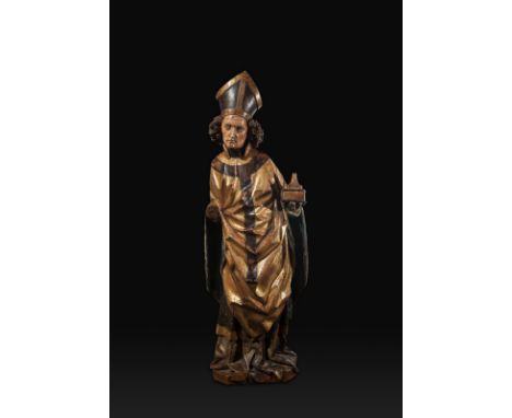   Meister von Seeon (Kreis) Salzburg, um 1450/60 H. 94 cm Heiliger Bischof. Stehende Figur mit Buch und fragmentarischem Kelc