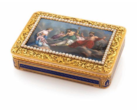   Feine Goldtabatiere mit Miniatur wohl Schweiz, 19. Jahrhundert 2x9x6,2 cm Rechteckige 18kt Gelbgold-Tabatiere, der Korpus a