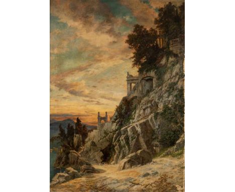  Preyer, Ernest Manchester 1842 - Düsseldorf 1917 164 x 228 cm, o. R.&nbsp;Ruinen einer verfallenen Villa bei Sonnenuntergang