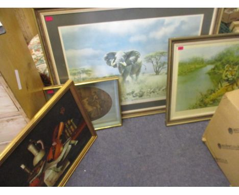 A group of four framed pictures to include a still life of a violin, books candlestick, jug and a rose upon a table signed A.