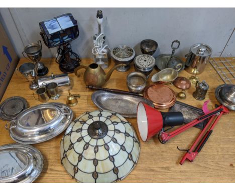 Metalware to include silver plated entre dish, muffin dish, warming pans, a Tiffany style light shade, a table lamp and other