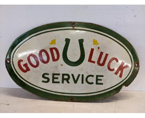 A late 20th century Good Luck service enamel sign, 50.5cm h x 30.5cm wLocation: 