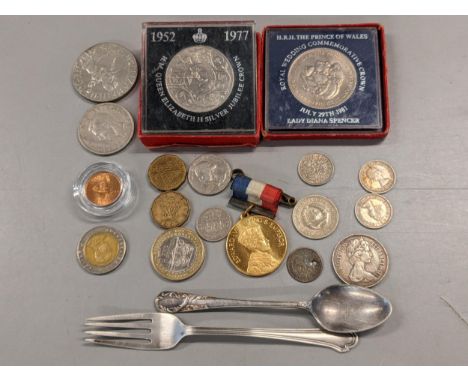 Mixed coins to include Charles II threepence and other later and commemorative and silver fork, silver plate spoonsLocation: 