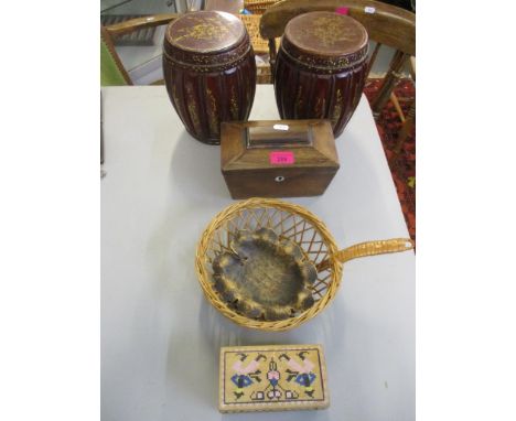 A lot to include a Regency sarcophagus tea caddy and two painted wooden containers with lids in barrel form with fluted bodie