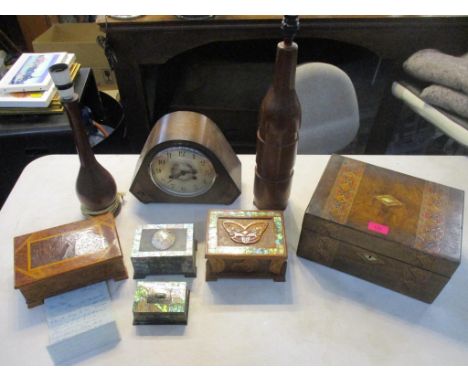 A mixed lot of wooden boxes, table lamps and a mantel clock to include a Victorian walnut and German strapwork work/sewing bo