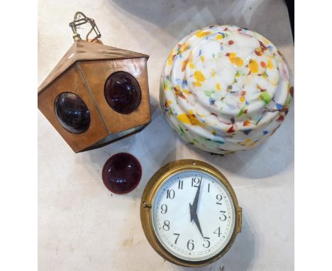 An Arts and Crafts copper light shade and one other light shade together with a brass cased ships clock A/F 