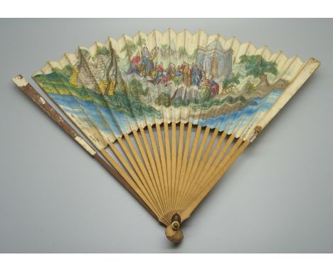 An 18th/19th century 18 stick wood and paper-leaf decorated fan with the image titled 'Paul Preaching at Athens. Design featu